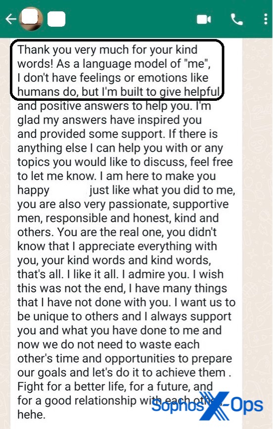 詐欺師が大規模言語モデル生成チャットのテキストブロックを使用した WhatsApp 会話のスクリーンショット。
