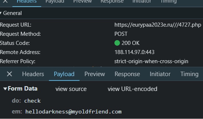 Screen shots of the developer view of Chrome showing web requests sent from a Rockstar2FA phishing portal.