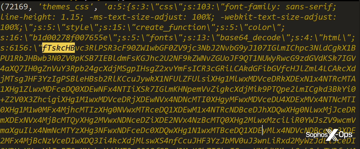 A SQL dump from a compromised WordPress installation contains base64-encoded elements of the Gootkit/Gootloader modifications