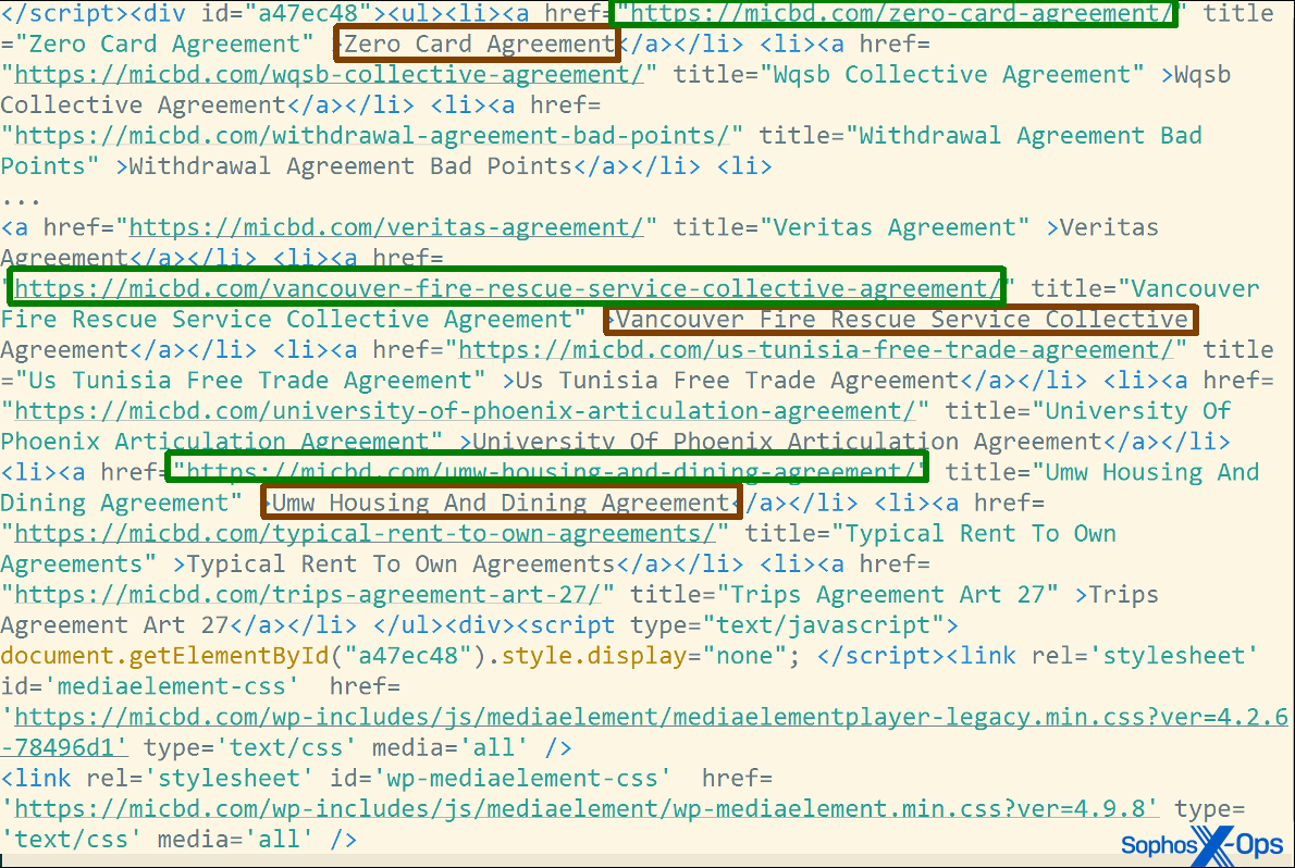 Source of the Gootkit/Gootloader landing pages reveal a number of different search terms and phrases the threat actors wanted search engines to index. The linked subpages (selected with green) don't actually exist. The injected WordPress code defines a few hooks, one of them is for non-existing pages. This will serve the fake forum discussion, when the victim clicks on the search result
